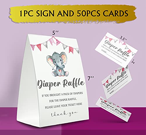 Diaper Raffle Sign,Diaper Raffle Baby Shower Game Kit (1 Standing Sign + 50 Guessing Cards),Pink Elephant Bunting Raffle Insert Ticket,Baby Showers Decorations,Card for Baby Shower Game to Bring a Pack of Diapers-N10 by 