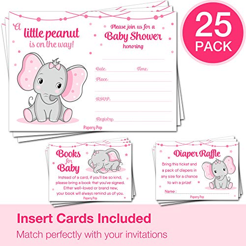 Set of 25 Baby Shower Invitations for Girl with Enveloppes, Diaper Raffle Tickets and Baby Shower Book Request Cards - Elephant from Papery Pop