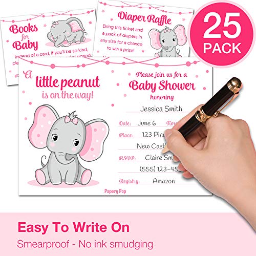 Set of 25 Baby Shower Invitations for Girl with Enveloppes, Diaper Raffle Tickets and Baby Shower Book Request Cards - Elephant from Papery Pop