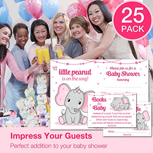 Set of 25 Baby Shower Invitations for Girl with Enveloppes, Diaper Raffle Tickets and Baby Shower Book Request Cards - Elephant from Papery Pop