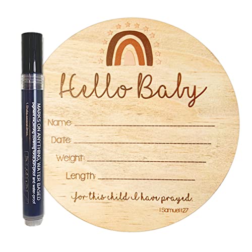 Nana's Little Angels Large Rainbow Double-Sided Baby Announcement Sign 6.5 inch âHello Babyâ Newborn Baby Name Announcement Wooden Sign with Black Paint Marker Birth Announcement Sign for Hospital from Nana's Little Angels