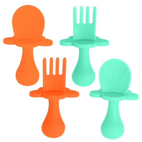 Grabease Baby and Toddler Self-Feeding Utensils, 4-Piece Set: Mint & Orange Baby Spoon & Baby Fork Sets for Baby-Led Weaning, Non-Toxic Plastic, Features Protective Barriers to Prevent Choking from Elli&Nooli
