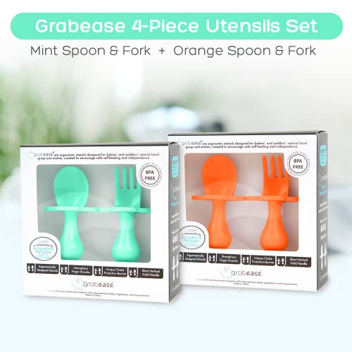 Grabease Baby and Toddler Self-Feeding Utensils, 4-Piece Set: Mint & Orange Baby Spoon & Baby Fork Sets for Baby-Led Weaning, Non-Toxic Plastic, Features Protective Barriers to Prevent Choking from Elli&Nooli