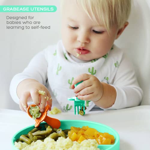 Grabease Baby and Toddler Self-Feeding Utensils, 4-Piece Set: Mint & Orange Baby Spoon & Baby Fork Sets for Baby-Led Weaning, Non-Toxic Plastic, Features Protective Barriers to Prevent Choking from Elli&Nooli