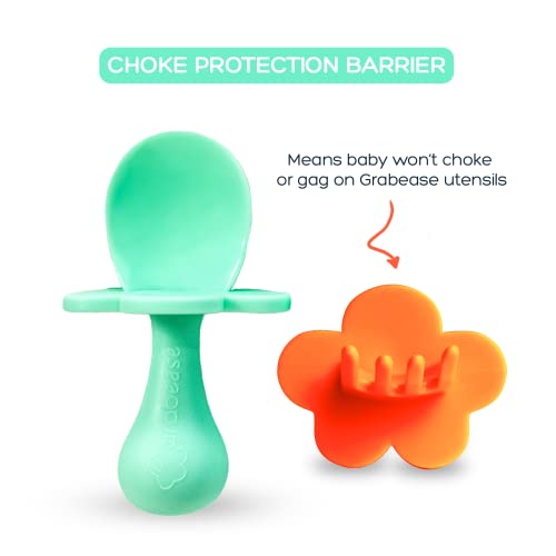 Grabease Baby and Toddler Self-Feeding Utensils, 4-Piece Set: Mint & Orange Baby Spoon & Baby Fork Sets for Baby-Led Weaning, Non-Toxic Plastic, Features Protective Barriers to Prevent Choking from Elli&Nooli