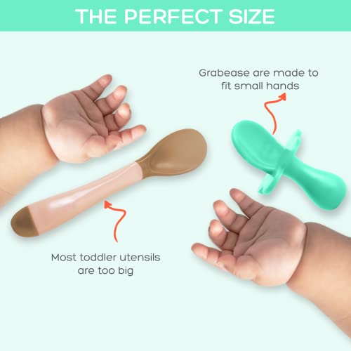 Grabease Baby and Toddler Self-Feeding Utensils, 4-Piece Set: Mint & Orange Baby Spoon & Baby Fork Sets for Baby-Led Weaning, Non-Toxic Plastic, Features Protective Barriers to Prevent Choking from Elli&Nooli