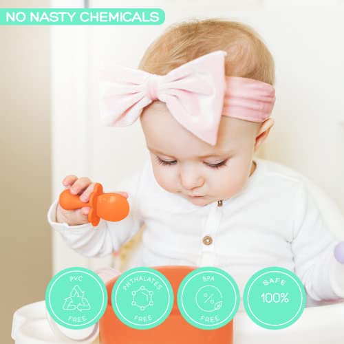 Grabease Baby and Toddler Self-Feeding Utensils, 4-Piece Set: Mint & Orange Baby Spoon & Baby Fork Sets for Baby-Led Weaning, Non-Toxic Plastic, Features Protective Barriers to Prevent Choking from Elli&Nooli