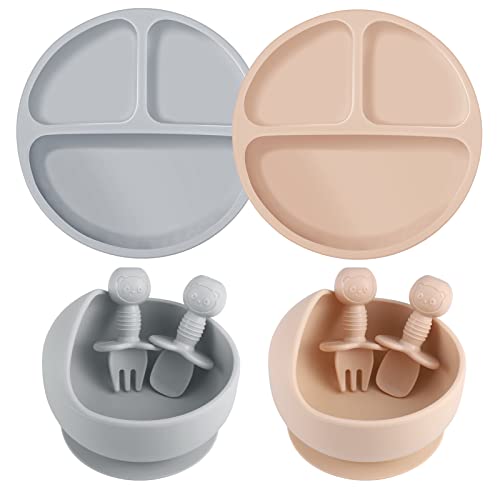 8 Pack Silicone Baby Feeding Set, 2 Pack Divided Suction Plate 2 Pack Suction Bowl with 2 Forks 2 Spoons, Baby Led Weaning Supplies Baby Dishes Set Infant Self Feeding Eating Utensils by Pimoys