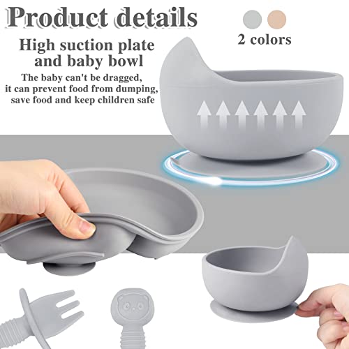 8 Pack Silicone Baby Feeding Set, 2 Pack Divided Suction Plate 2 Pack Suction Bowl with 2 Forks 2 Spoons, Baby Led Weaning Supplies Baby Dishes Set Infant Self Feeding Eating Utensils by Pimoys