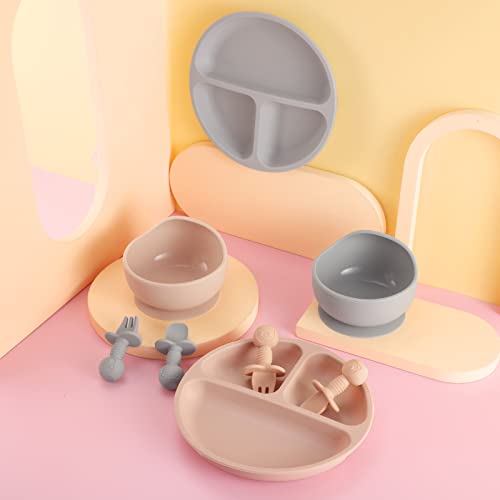 8 Pack Silicone Baby Feeding Set, 2 Pack Divided Suction Plate 2 Pack Suction Bowl with 2 Forks 2 Spoons, Baby Led Weaning Supplies Baby Dishes Set Infant Self Feeding Eating Utensils by Pimoys