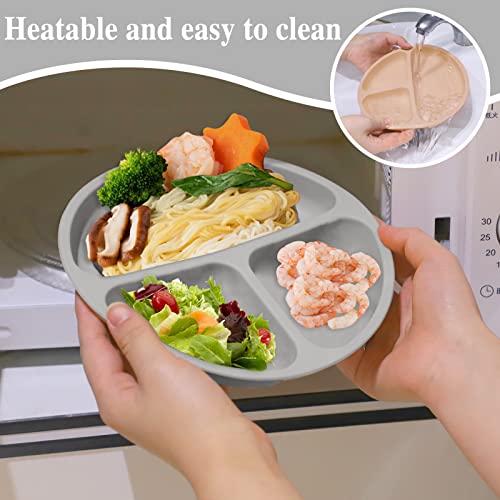 8 Pack Silicone Baby Feeding Set, 2 Pack Divided Suction Plate 2 Pack Suction Bowl with 2 Forks 2 Spoons, Baby Led Weaning Supplies Baby Dishes Set Infant Self Feeding Eating Utensils by Pimoys