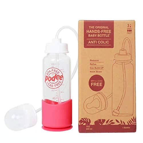 Hands Free Baby Bottle - Anti-Colic Self Feeding System 7 oz Glass Bottle (1 Pack - Pink) by Bamla LLC