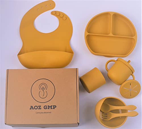AOZ GMP Baby Feeding Set 8-Piece Led Weaning Supplies - Plate, Spoon, Fork, Bib, Bowl, Sippy Cup with Straw and Lid, and Water Cup - Set for Toddler- Food Grade BPA Free - Dishwasher Safe (Mango) from AOZ GMP