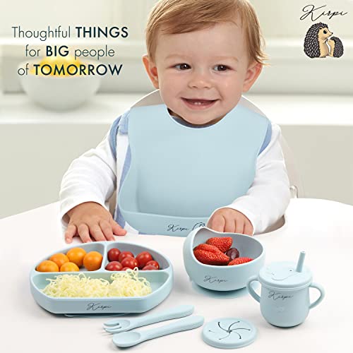 Baby Led Weaning Supplies - Kirpi Baby Feeding Set - Silicone Suction Bowls, Divided Plates, Sippy and Snack Cup - Toddler Self Feeding Eating Utensils Set with Bibs, Spoons, Fork - 6 Months (Blue) from Newsun silicone products co.,Ltd