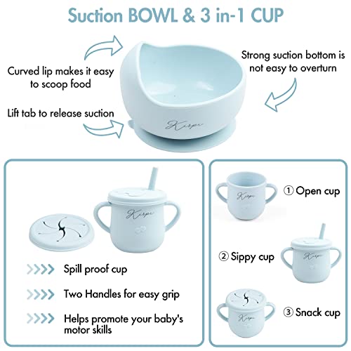 Baby Led Weaning Supplies - Kirpi Baby Feeding Set - Silicone Suction Bowls, Divided Plates, Sippy and Snack Cup - Toddler Self Feeding Eating Utensils Set with Bibs, Spoons, Fork - 6 Months (Blue) from Newsun silicone products co.,Ltd