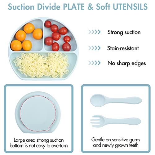 Baby Led Weaning Supplies - Kirpi Baby Feeding Set - Silicone Suction Bowls, Divided Plates, Sippy and Snack Cup - Toddler Self Feeding Eating Utensils Set with Bibs, Spoons, Fork - 6 Months (Blue) from Newsun silicone products co.,Ltd