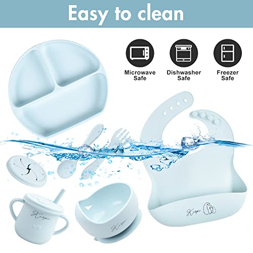 Baby Led Weaning Supplies - Kirpi Baby Feeding Set - Silicone Suction Bowls, Divided Plates, Sippy and Snack Cup - Toddler Self Feeding Eating Utensils Set with Bibs, Spoons, Fork - 6 Months (Blue) from Newsun silicone products co.,Ltd