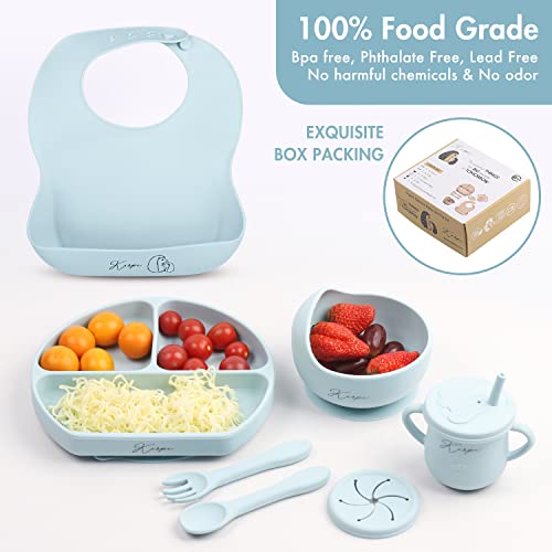 Baby Led Weaning Supplies - Kirpi Baby Feeding Set - Silicone Suction Bowls, Divided Plates, Sippy and Snack Cup - Toddler Self Feeding Eating Utensils Set with Bibs, Spoons, Fork - 6 Months (Blue) from Newsun silicone products co.,Ltd