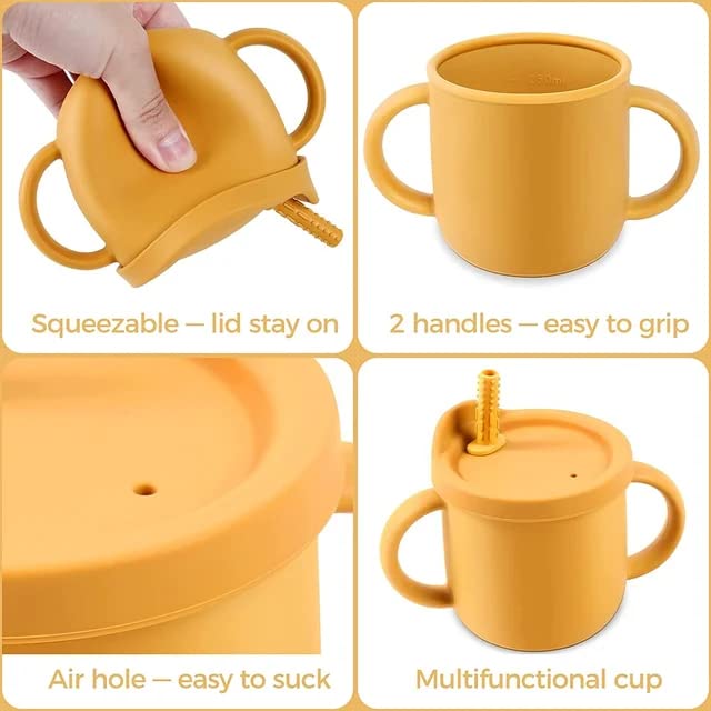 AOZ GMP Baby Feeding Set 8-Piece Led Weaning Supplies - Plate, Spoon, Fork, Bib, Bowl, Sippy Cup with Straw and Lid, and Water Cup - Set for Toddler- Food Grade BPA Free - Dishwasher Safe (Mango) from AOZ GMP