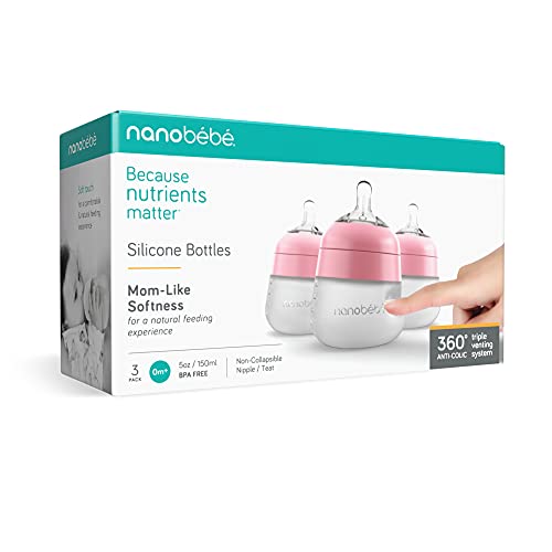 NanobÃ©bÃ© Flexy Silicone Baby Bottle, Anti-Colic, Natural Feel, Non-Collapsing Nipple, Non-Tip Stable Base, Easy to Clean 3-Pack, Pink, 5 oz from NANOBÃBÃ