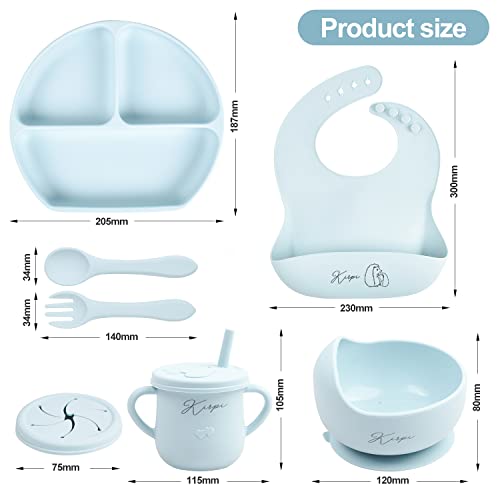 Baby Led Weaning Supplies - Kirpi Baby Feeding Set - Silicone Suction Bowls, Divided Plates, Sippy and Snack Cup - Toddler Self Feeding Eating Utensils Set with Bibs, Spoons, Fork - 6 Months (Blue) from Newsun silicone products co.,Ltd