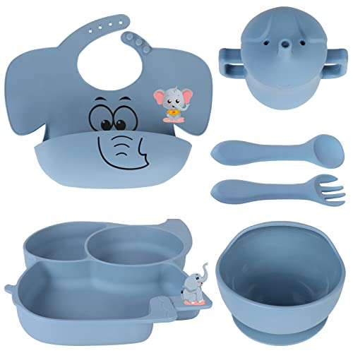 PAGETOC Baby Led Weaning Supplies-Silicone Baby Feeding Setsï¼Suction Bowl Partition Board Bib Cup Self Feeding Spoonsï¼baby Spoons First stage Baby Utensils 6-12 Months(blue) from PAGETOC