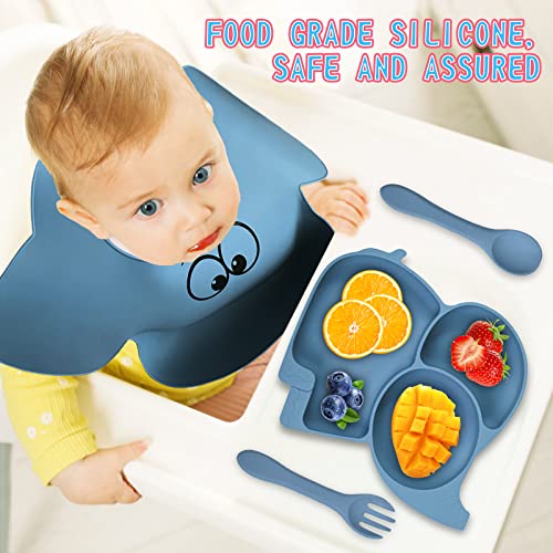 PAGETOC Baby Led Weaning Supplies-Silicone Baby Feeding Setsï¼Suction Bowl Partition Board Bib Cup Self Feeding Spoonsï¼baby Spoons First stage Baby Utensils 6-12 Months(blue) from PAGETOC