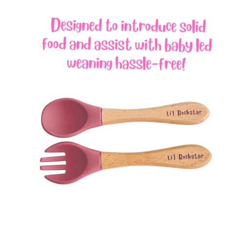 Li'l Rockstar - 100% Food Grade Silicone Baby Self Feeding Utensils - Baby Led Weaning Utensils - Toddler Dinnerware Set- Baby Feeding Supplies (Matte Pink) by LuXX Options