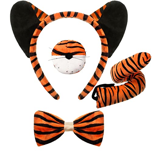 Aoriher 4 Pcs Kids Tiger Costume Kits Tiger Ear Headband Tail Nose Bow Tie Tiger Animal Fancy Costume for Mardi Gras Cosplay Party(Vivid Style) from 