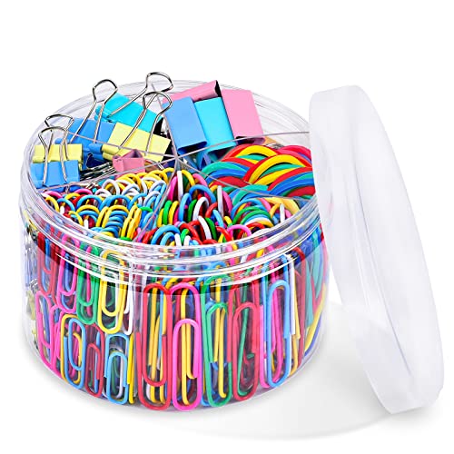 Binder Clips Paper Clips, Sopito 300pcs Colored Office Clips Set with Paper Clamps Paperclips Rubber Bands for Office and School Supplies, Assorted Sizes by Sopito
