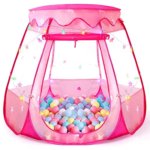 Pop Up Princess Tent with Colorful Star Lights, Toys for 1 2 3 Year Old Girl Birthday Gift, 12-18 Months Baby Girl Toys, Foldable Ball Pit with Carrying Bag, Indoor&Outdoor Play Tent for Kids from TIKTENT