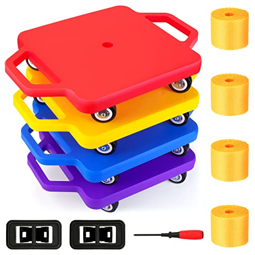 Sports Scooter Board with Handles Set of 4, Floor Scooter Board Sitting Scooter for Kids, Fun Scoot Board with Non-Marring Plastic Casters, Kids Indoor Outdoor Activities Play Equipment, 12 Inches by BOBOKA