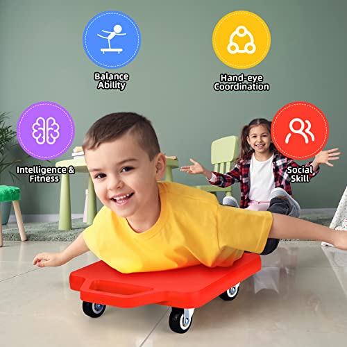Sports Scooter Board with Handles Set of 4, Floor Scooter Board Sitting Scooter for Kids, Fun Scoot Board with Non-Marring Plastic Casters, Kids Indoor Outdoor Activities Play Equipment, 12 Inches by BOBOKA