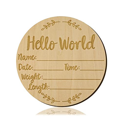 Baby Announcement Sign, 5.9 inch Hello World Newborn Sign Round Wooden Milestone Baby Nursery Name Birth Signs for Hospital and Pregnancy Announcements from LUTER