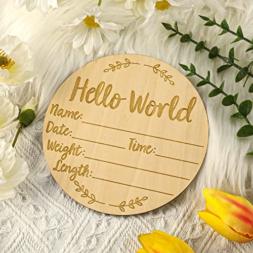 Baby Announcement Sign, 5.9 inch Hello World Newborn Sign Round Wooden Milestone Baby Nursery Name Birth Signs for Hospital and Pregnancy Announcements from LUTER