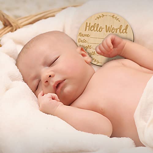 Baby Announcement Sign, 5.9 inch Hello World Newborn Sign Round Wooden Milestone Baby Nursery Name Birth Signs for Hospital and Pregnancy Announcements from LUTER