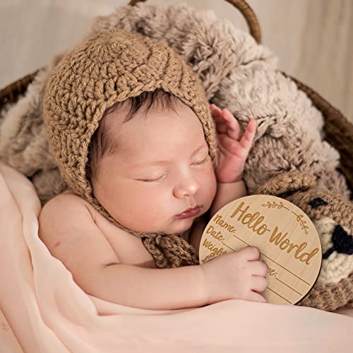 Baby Announcement Sign, 5.9 inch Hello World Newborn Sign Round Wooden Milestone Baby Nursery Name Birth Signs for Hospital and Pregnancy Announcements from LUTER