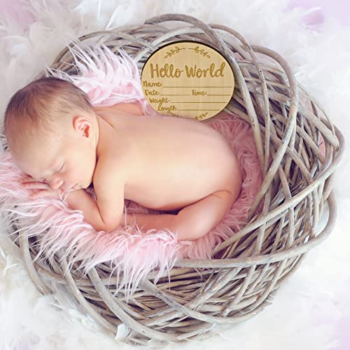 Baby Announcement Sign, 5.9 inch Hello World Newborn Sign Round Wooden Milestone Baby Nursery Name Birth Signs for Hospital and Pregnancy Announcements from LUTER