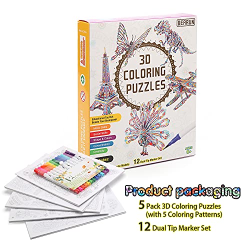 BEARUN 3D Coloring Puzzle Set, Arts and Crafts for Girls and Boys Age 6 7 8 9 10 11 12 Years Old, Fun Educational Painting Crafts Kit with Supplies for Kids, Birthday Toy Gift for Kids (5-Pack) from Bearun
