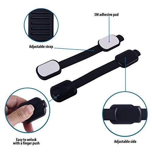 CUTESAFETY Child Proof Safety Locks - Baby Proofing Cabinet Lock with 6 Extra 3M Adhesives - Adjustable Strap Latches to Cabinets,Drawers,Cupboard,Oven,Fridge,Closet Seat,Door,Window (Black, 6) from CUTESAFETY