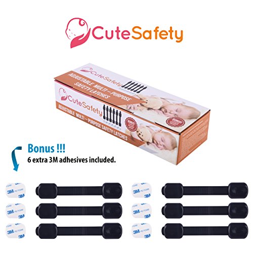 CUTESAFETY Child Proof Safety Locks - Baby Proofing Cabinet Lock with 6 Extra 3M Adhesives - Adjustable Strap Latches to Cabinets,Drawers,Cupboard,Oven,Fridge,Closet Seat,Door,Window (Black, 6) from CUTESAFETY