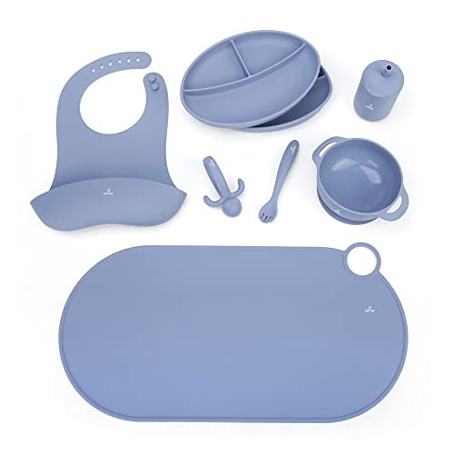 Juvitek Baby Silicone Baby Feeding Set Toddlers Led Weaning Supplies with Suction Bowl Suction Divided Plate/Bowl/Bib/Water Cup/Baby First Stage Spoon & Fork(Blue) by JUVITEK