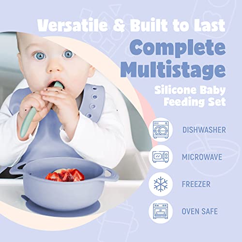 Juvitek Baby Silicone Baby Feeding Set Toddlers Led Weaning Supplies with Suction Bowl Suction Divided Plate/Bowl/Bib/Water Cup/Baby First Stage Spoon & Fork(Blue) by JUVITEK