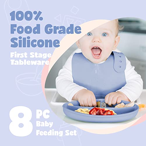 Juvitek Baby Silicone Baby Feeding Set Toddlers Led Weaning Supplies with Suction Bowl Suction Divided Plate/Bowl/Bib/Water Cup/Baby First Stage Spoon & Fork(Blue) by JUVITEK