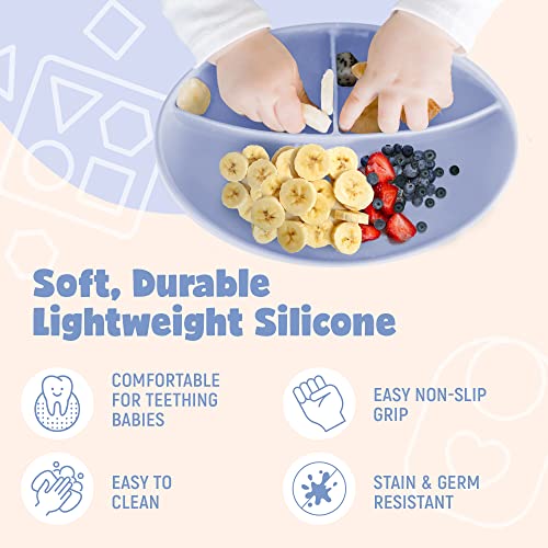 Juvitek Baby Silicone Baby Feeding Set Toddlers Led Weaning Supplies with Suction Bowl Suction Divided Plate/Bowl/Bib/Water Cup/Baby First Stage Spoon & Fork(Blue) by JUVITEK