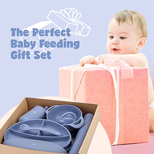 Juvitek Baby Silicone Baby Feeding Set Toddlers Led Weaning Supplies with Suction Bowl Suction Divided Plate/Bowl/Bib/Water Cup/Baby First Stage Spoon & Fork(Blue) by JUVITEK