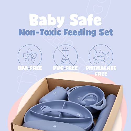 Juvitek Baby Silicone Baby Feeding Set Toddlers Led Weaning Supplies with Suction Bowl Suction Divided Plate/Bowl/Bib/Water Cup/Baby First Stage Spoon & Fork(Blue) by JUVITEK