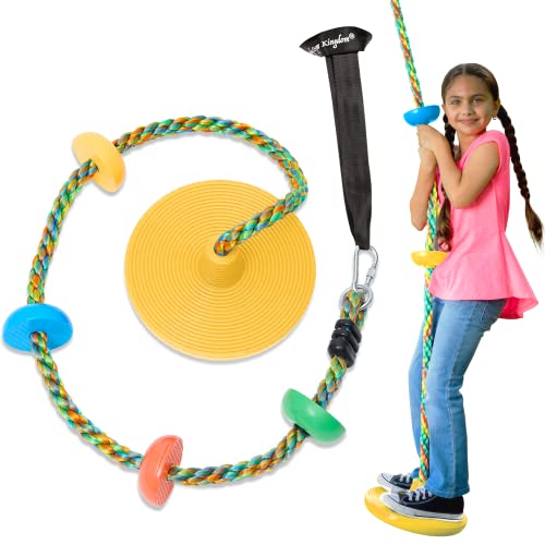 Jungle Gym Kingdom Tree Swing for Kids - Single Disc Seat and Rainbow Climbing Rope Set w/ Carabiner and 4 Foot Strap - Treehouse and Outdoor Playground Accessories - Yellow from Jungle Gym Kingdom