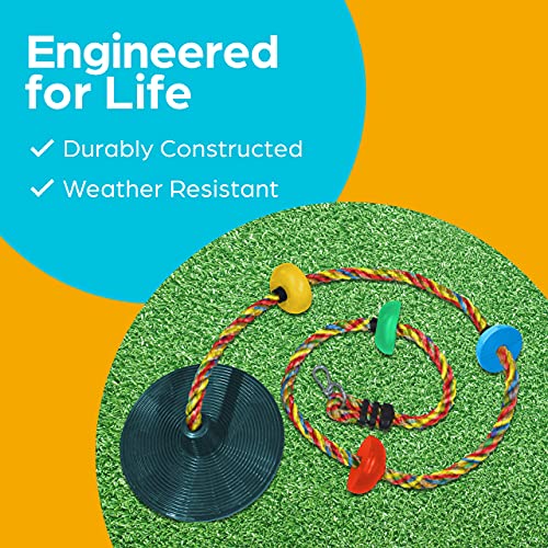 Jungle Gym Kingdom Tree Swing for Kids - Single Disc Seat and Rainbow Climbing Rope Set w/ Carabiner and 4 Foot Strap - Treehouse and Outdoor Playground Accessories - Yellow from Jungle Gym Kingdom