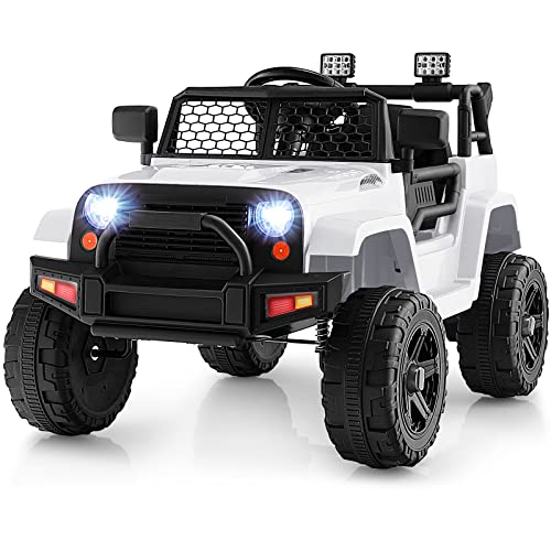 Costzon Ride on Car, 12V Battery Powered Truck Vehicle with Remote Control, Spring Suspension, Headlights, Music, Horn, MP3, USB & Aux Port, Gift for Boys Girls, Electric Car for Kids (White) from Costzon